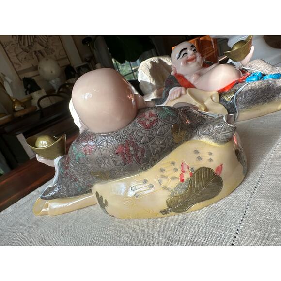 2 Laughing Buddha statues set of two resin hand painted pair decor figurines - Picture 9 of 16